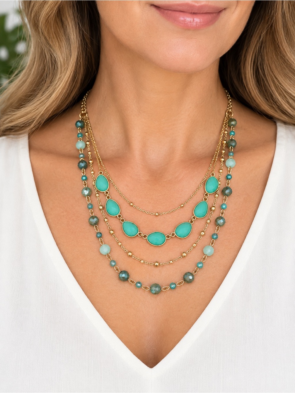 *NWT* Style & Co.  Green Color Stone & Bead Layered Strand Necklace, 17" + 3"